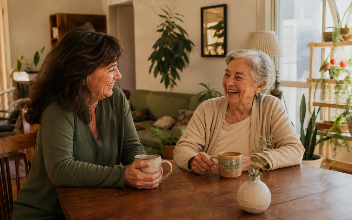 A mother settled and at ease in her new home, her daughter visiting over coffee