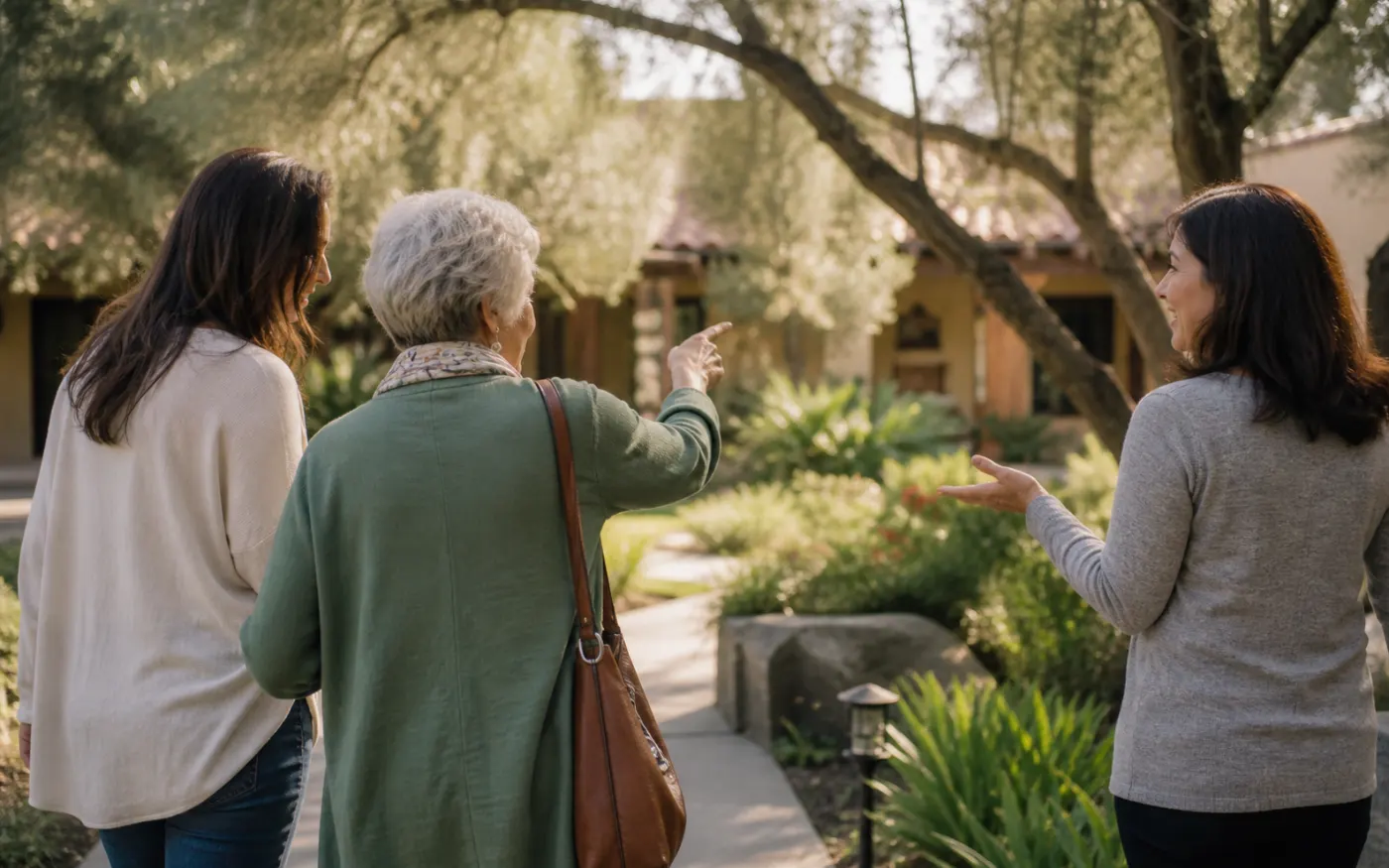 A family touring a senior living community garden in afternoon light